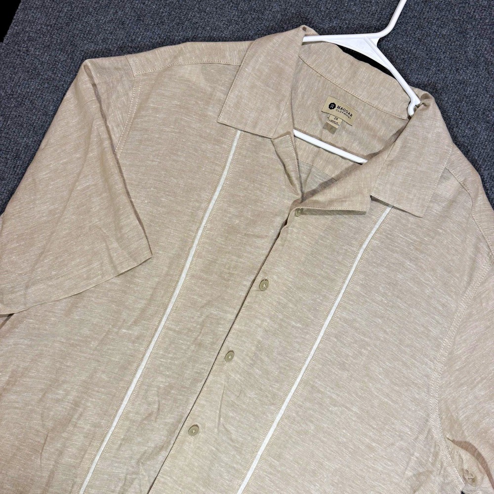 Haggar Shirt Men's 2XL Beige Short Sleeve Button-Up Linen Rayon Point Collar